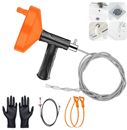 33FT Drain Snake Auger, Plumbing Snake Drain Clog Remover Tool, Heavy Duty Hair Clog Remover for Bathroom Sink, Kitchen Sink, Bathtub, Shower Drain, Flexible Drain Cleaner Tool, Orange