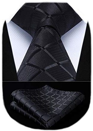 HISDERN Krawatte für Herren Schwarz Formelle Klassische Karierte Krawatten mit Einstecktuch Hochzeit Herrenkrawatte und Taschentuch Set für Männer