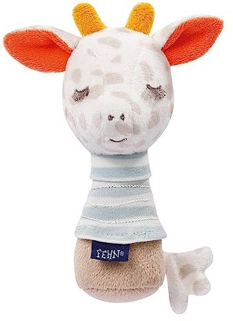 Fehn Stabgreifling Giraffe - Motorikspielzeug für Babys zur Förderung der Motorik und Sinne - ideales Baby Spielzeug als süßes Kuscheltier und Greifling mit Rassel und Glow-in-the-dark Bestickung