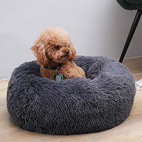 Calming Comfy Donut Katzenbett, Plüsch, warm, Marshmallow, rundes Hundekissen, Nest aus atmungsaktivem Kunstfell, Hundebett, Höhle für Welpen, Kätzchen, Dunkelgrau, 50 cm
