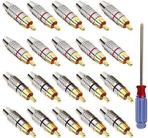 QitinDasen 20Pcs Premium Spine Maschio RCA, Connettore Audio Video Spina RCA Placcato Oro, Adattatore Spina Maschio RCA Senza Saldatura, per Multimedia e CCTV (Cerchio Rosso e Nero)