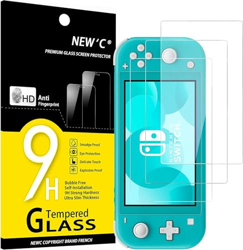NEW'C 3 Piezas, Protector Pantalla para Nintendo Switch lite, Cristal templado Antiarañazos, Antihuellas, Sin Burbujas, Dureza 9H, 0.33 mm Ultra Transparente, Ultra Resistente