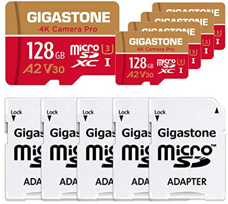 [5 Jahre kostenlose Datenwiederherstellung] GIGASTONE 128GB 5er-Pack Micro SD Karte, 4K Kamera Pro, bis zu 100/50 MB/s, MicroSDXC Speicherkarte für Gopro Drohne DJI Switch, A2 V30 U3 +Adapter