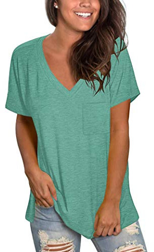 MOLERANI Camisas de Manga Corta con Cuello en V para Mujer Camiseta Holgada Informal Tops de Verano con Bolsillo (L, Verde Hierba)