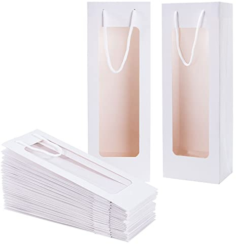 Wine Gift Bag with handle, Dasofine 20 Pack 4.92x3.35x 14.2 Kraft Paper Wine Bottle Bags with Clear Window for Anniversary Birthday Housewarming Dinner Party Business-White