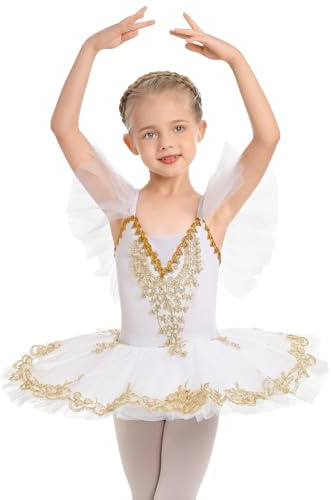 IBAKOM - Vestido de ballet para niños, diseño de leotardo, lago de los cisnes, bordado dorado con perlas de gimnasia vestido de cuerpo y ropa de baile con falda tutu, blanco, 7-8 Años