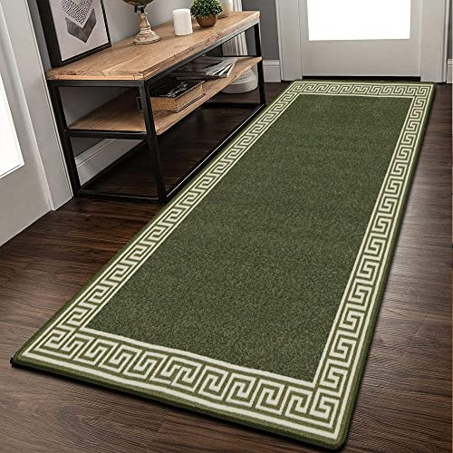 Rugs Shop Door Mats Indoor Non Slip Mat Carpet Runners for Hallways Geometrical Border Low Profile Washable Runner Rug for Kitchen, Front Door Hall Hallways Living Room (66 x 220 cm, Green Cream)