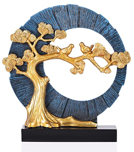 Goldene „Welcome“-Deko mit Kiefer und Vogel, stilvolle Skulptur in Gold und Blau, perfekte Wohnaccessoires für Bücherregale, Büros, Couchtische, TV-Schränke oder den Eingangsbereich.