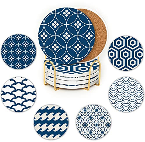 JJ Prime - Lot De 6 sous-Verres en Céramique | Dessous De Verre Absorbants avec Support | Anti-Rayures & Antidérapants sous-Verres | Cadeaux pour La Maison (Bleu sans Couture)