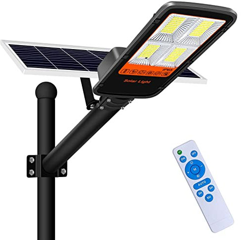 Kingwen 400W Réverbère Solaire LED avec Panneau Photovoltaïque, Télécommande, 6500k 360Leds IP65 Étanche pour Extérieur