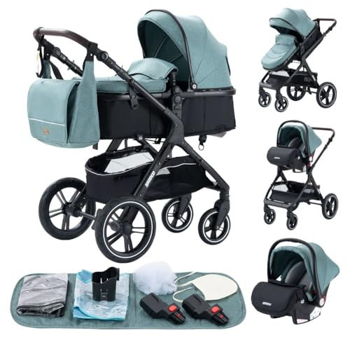 YAZOCO kinderwagen 3 in 1, Zusammenklappbar kinderwagen mit Wickeltasche,Komplettset Becherhalter,Moskitonetz, Fußabdeckung,Sitzzubehör (1 grün)
