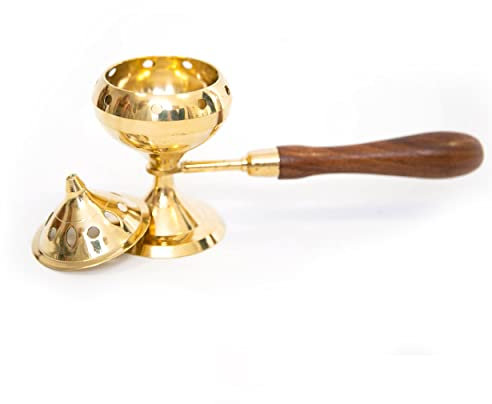 Encensoir en Bronze avec poignée en Bois pour Fumigation au Charbon & mélange d'encens resine Naturelle/Palo Santo/bruleur d'encens Brule Parfum pour rituel ésotérique Encensoir Simple