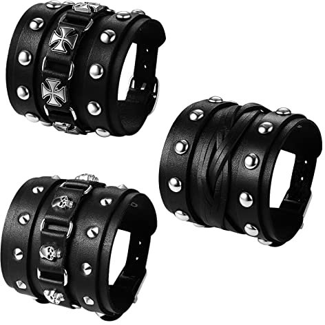 Flongo 3 Stück Lederarmband Set Herren Breites Leder Manschette Armband mit Nieten Eisernern Kreuz Schädel Totenkopf Punk Biker Gotik Geflochten Armreif mit Schnalle Schließe Verstellbar schwarz