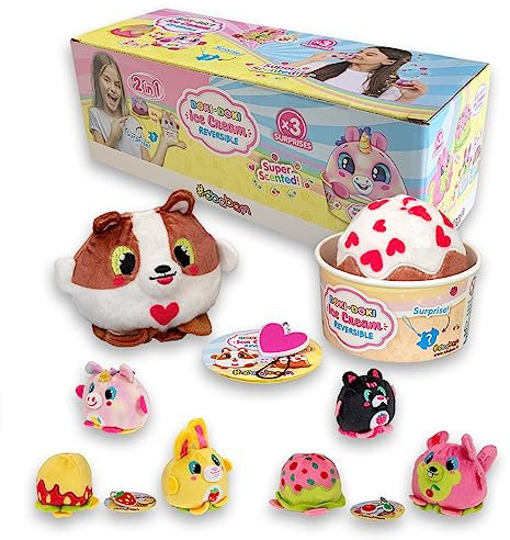 #sbabam Funny Box Doki Doki Ice Cream Reversible, Spielzeug ab 3 Jahre für Kinder, 3er-Pack, Tiere Figuren und Wendbares Kuscheltier, Duft in Form eines Eisbechers als Baby Geschenk