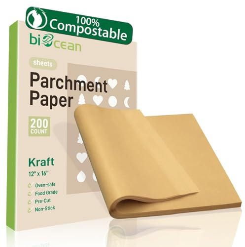 BIOCEAN 200Pcs 12x16In Unbleached Parchment Paper Sheets Precut Heavy Duty Flat Kitchen Baking Supplies Paper Non-Stick,Non-Toxic Cooking Paper for Air Fryer, Steaming, Oven Make Cup Cake Bread Cookie