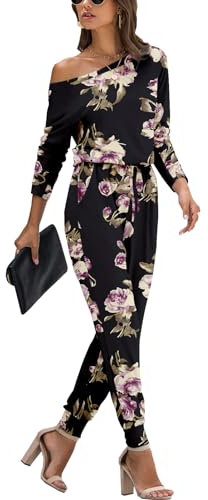 PCEAIIH Women's One Piece Jumpsuit Casual Loose Off Shoulder Long Sleeve Elastic Waist Stretchy Romper with Pockets L Purple Flower Black