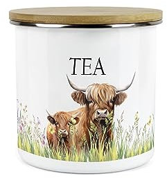 Purely Home Highland Cow & Calf Tea – Country Farm – Boîte de rangement en métal émaillé blanc de taille moyenne pour aliments de cuisine