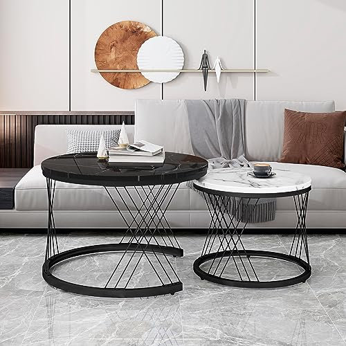 ModernLuxe 2-in-1 Coffee Table, Round Nest of Tables, Multi-functional Side Table with Black Metal Frame Legs and Marble Pattern Top, Nesting Tables for Living Room Bedroom Office, White and Black
