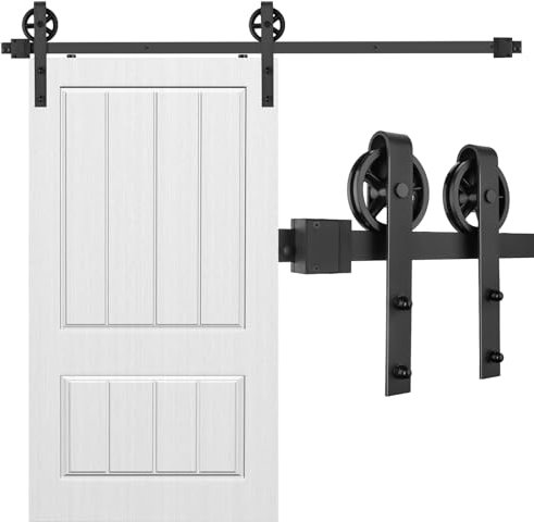 Kit de herrajes para puerta corredera de granero de 5 pies, rodillo básico negro de rueda de radios grandes, sistema de riel para puerta de granero