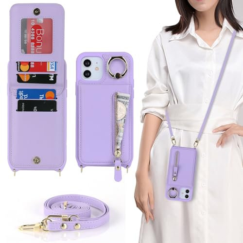 Zouzt for iPhone 12 Pro Max/iPhone 13 Pro Max 6.7 Inch Case with Cord and Card Holde, Zipper Wallet Case with Crossbody Lanyard Ring Adjustable Necklace Protective Cover Women - Purple