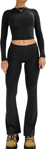 Acrawnni Damen Zweiteiliges Outfit Y2K Basic Langarm Crop Top und Low Rise Flare Fold Over Pants Set Lounge 2-teiliger Yoga-Trainingsanzug, B-schwarz, 36