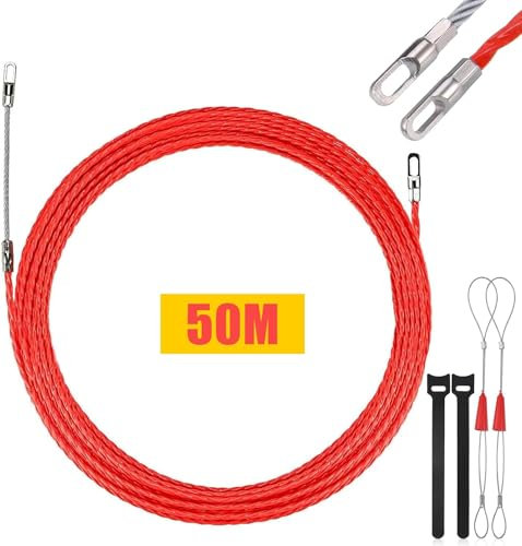 Câble spiralé 50 m Ø 4,5 mm Lakigoes Aiguille Électricien 50m Ø4,5mm, 100% polyester, 2 ressorts guide. Parfait pour les installations électriques dans les tubes vides. Rouge.