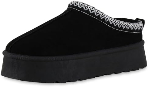 VAN HILL Damen Hausschuhe Pantoffeln Warm Gefüttert mit Plateau Prints Profilsohle