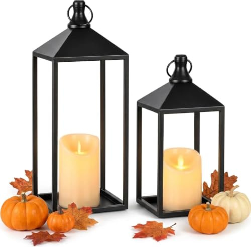 2 faroles decorativos de metal negros para decoración de granja con velas | Faroles de vela al aire libre para patio, porche, chimenea de chimenea, centro de mesa, decoración sin farol de cristal