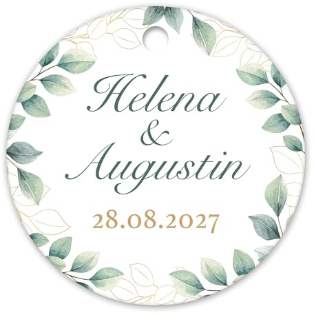 Étiquettes perforées personnalisées - Personnalisation de texte pour mariage, baptême ou autres célébrations - Étiquettes à nouer pour décoration cadeaux invités - Motif feuillage vert et doré