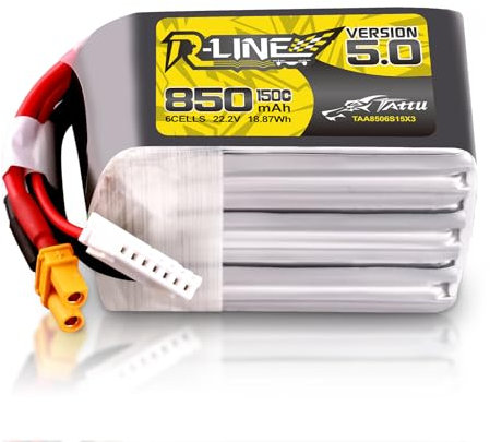 Tattu 6S Lipo Battery 850 mAh 22.2 V 150C 6S1P Battery with XT60 Connector for 3 to 5 Inch FPV Drones