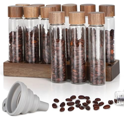 efuturetime 12 x Coffee Bean Containers Single Dose Glass Coffee Storage Containers Airtight Coffee Container with 12-Hole Wooden Stand and Funnel Silicone, Storage Tube Set for Espresso Beans
