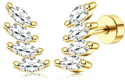 Dochais 14K Gold Ohrstecker, Hypoallergene 925 Silber Helix Tragus Piercings, CZ besetzte Conch Ohrringe, Trendy Flat Back Piercing Schmuck für Frauen und Männer