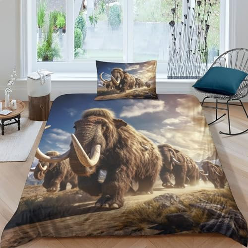 NAHCBIOT Mammoth Drucken Bettbezug Bettwäsche Set 3teilig 3D Ice Age Bettwäsche-Set Mädchen Junge Kinder Deluxe Mikrofaser Weiche Bettbezug Kissenbezüge Single(135x200cm)