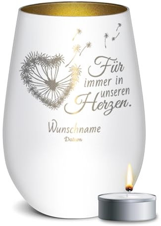 PR Print Royal Trauer Windlicht mit Gravur - Für Immer in unseren Herzen - mit Name & Datum gravieren - Trauergeschenk, Gedenklicht, Geschenke für Trauernde | inkl. Teelicht, 450 ml, Weiß/Gold