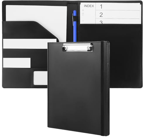 Clipboard Folder A4, PU Leather Portfolio Folder Foldover Clipboard with Writing Pad File Document Organiser with Elastic Band, Pen Holder for School Office Supply(Black)
