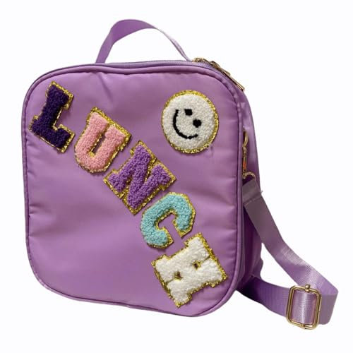 Smiley - Lonchera aislada de nailon con correa ajustable para el hombro, bolsa de almuerzo preparada, lonchera reutilizable para niñas escolares, lonchera para niños, lonchera para mujeres (morado)