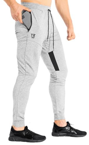 BROKIG Netz Gym Sporthose Herren Fitness Trainingshose Herren Lang Jogginghose Slim Baumwolle Vertikale Tasche Mit Reißverschluss(Hellgrau,L)