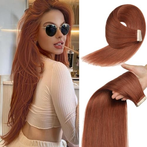 YDDM Tape In Extensions Echthaar 20pcs 50cm 50g Dunkelrotbraun Invisible Copper Orange Braun Tape Extensions Echthaar Auburn Tape Extensions Skin Weft Haarverlängerung(20Zoll,33A#)