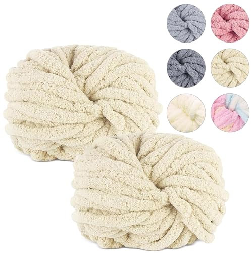 Chunky Wolle, 2x250g Fluffy Thick Yarn, Beige Wolle Dickes Garn Flauschig, Dicke Wolle zum Handstricken, Armstricken Wolle, XXL Wolle, Blanket Yarn zum Weben Decken Schals Mützen Haustier Bett