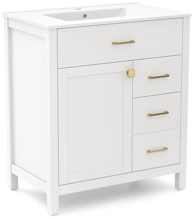 COSTWAY Bathroom Vanity Unit with Basin, 760mm Freestanding Bathroom Sink Cabinet with Drawers, Adjustable Shelf and Door, Cloakroom Vanity Ceramic Wash Basin Under Sink Storage Cabinet, White