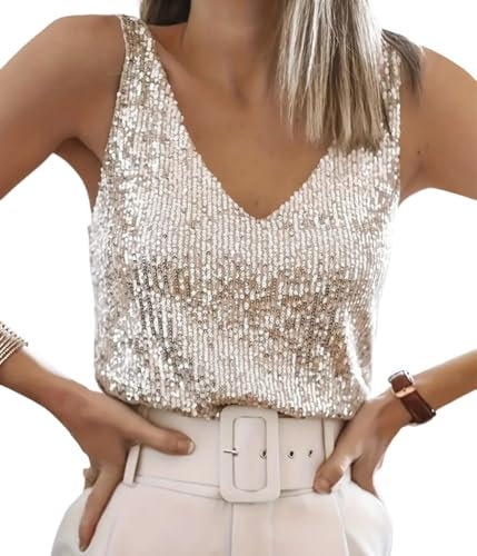 ORANDESIGNE Tanktops Pailletten Damen V-Ausschnitt Ärmelloses Top mit Schimmernden Pailletten Glitzer Oberteile Abend Glitzertop Frauen Party Disco Outfit Damen A Champagner M