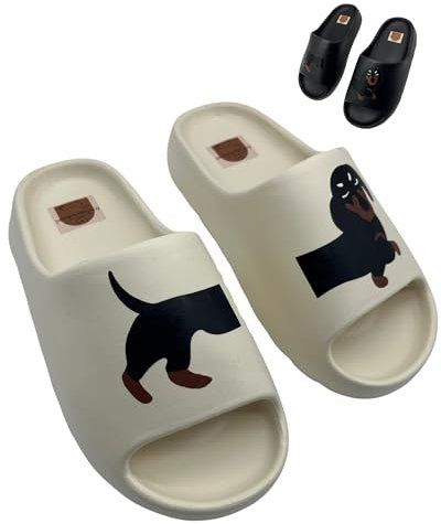 frechdachshund Dackel Badelatschen - Bequeme Hunde Hausschuhe für Zuhause, Dackel Schlappen in fünf versch. Größen (Beige, EU Schuhgrößensystem, Erwachsene, Damen, Numerisch (von/bis), M, 42, 43)