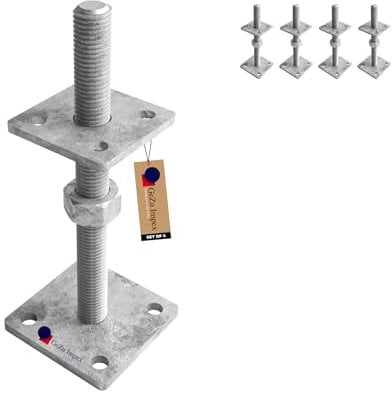 GeZu Impex Support de poteau Galvanisé à chaud Lot de 4 70 x 70 mm hauteur reglable platine bois pied poteaux clôture