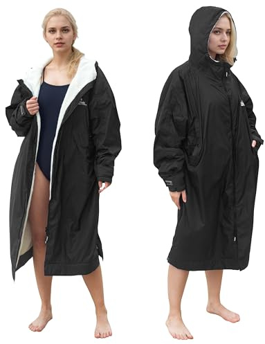 Catalonia Classy Wasserdicht Mantel Lang für Damen Herren, Wasserdichter Gefütterte Regenjacke mit Sherpa-Futter, Surf Poncho Wärmemantel Schwimmen für Triathlon Surfen Outdoor Sport, Schwarz