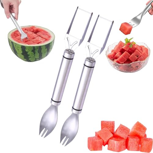 2 in 1 Stainless Steel Fruit Cutter, Watermelon Fork Cutting Tool, Portable Fruit Fork Cutter, Double Head Knife, Watermelon Fork Cutter, Fruit Cutter