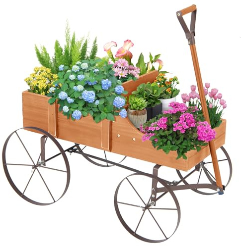 GOPLUS Pflanzschubkarre, Blumenwagen mit Rollen & Handgriff, Blumenkasten Blumenwagen Blumenständer Blumenkarre für Garten & Outdoor, 62 x 34 x 60cm (Natur)