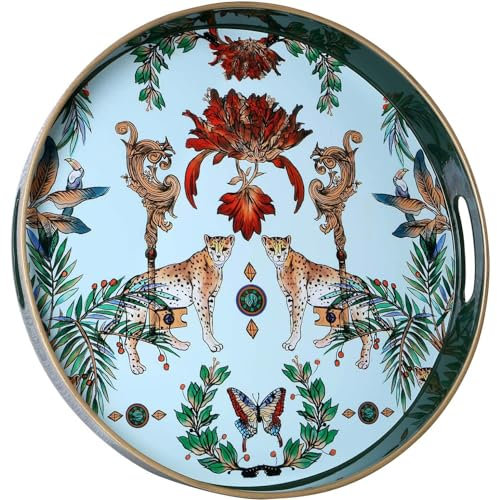 Simmer Stone Vassoio decorativo rotondo, in plastica marmorizzata, con manici, moderno per ottomana, tavolino, cucina e bagno, dimensioni 33 cm (leopardo verde)