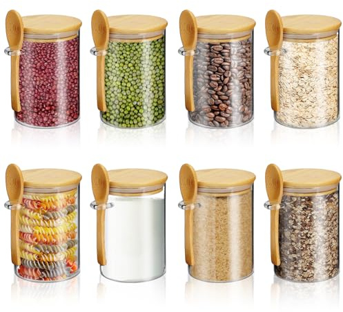 RETON 8 Stück Glasgläser mit luftdichtem Deckel und Löffel, 17 oz Overnight Haferkanister mit hölzernem Deckel Löffel, Glas Lebensmittelspeicherkanister für Kaffeebohnen, Tee, Süßigkeiten (510ml)