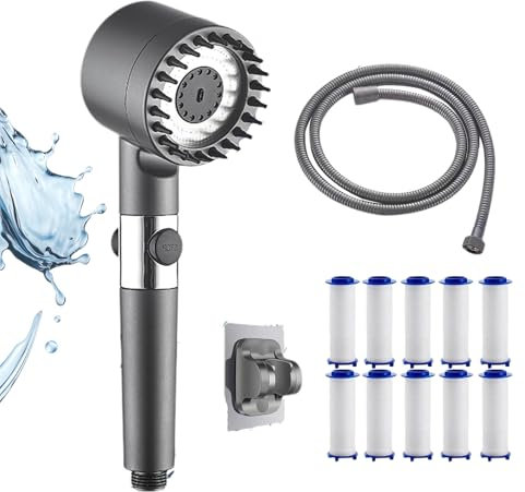 C&C Filtered Showerhead, Clover and Cove Shower Head, with 60/79in Stainless Steel Pipe and 10 PCS Cotton Filter, One Button Adjustment Shower Head Set (Gray 200cm)