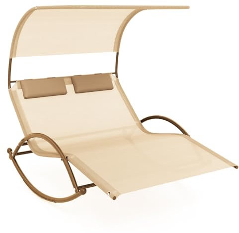 GOPLUS Sonnenliege Doppelliege, Schaukelliege mit Sonnendach & Kopfkissen, doppel Gartenliege ergonomisch bis 300kg belastbar für 2 Personen, Relaxliege Outdoor für Garten Hof Terrasse Pool (Beige)